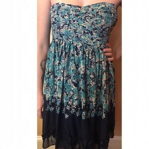 LC Lauren Conrad Navy Blue Floral Chiffon Strapless Dress Size 8